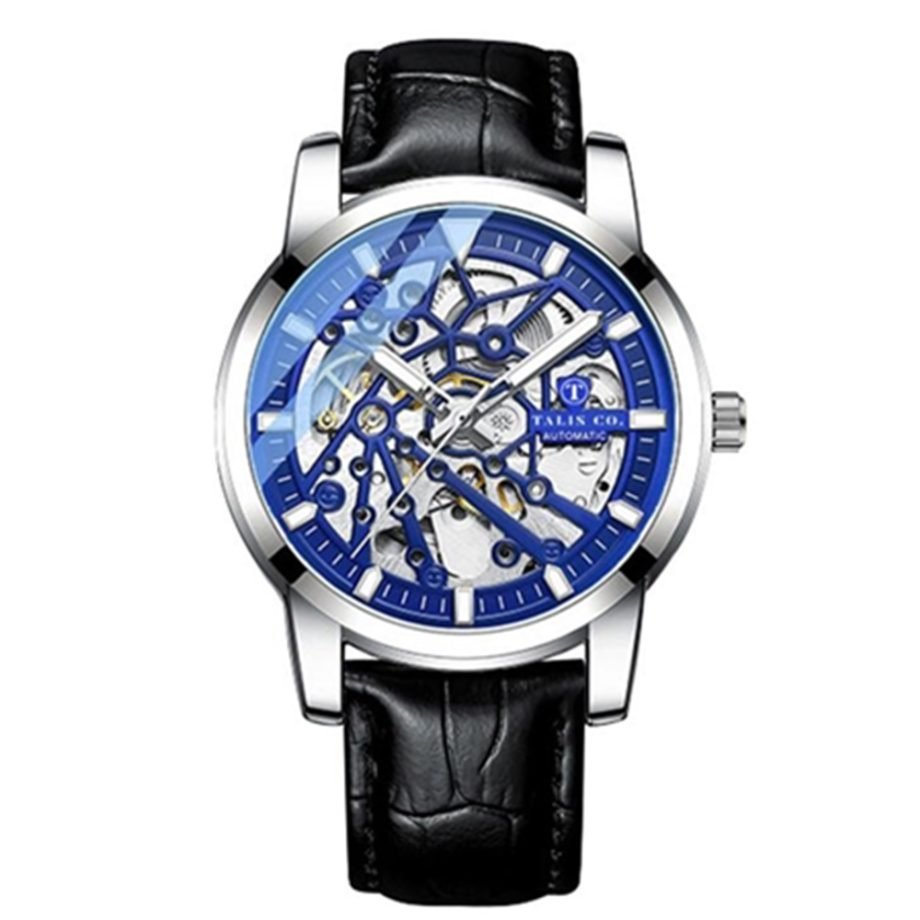 Talis Co 7820 Blue Skeleton Dial Black Leather Strap Automatic Watch