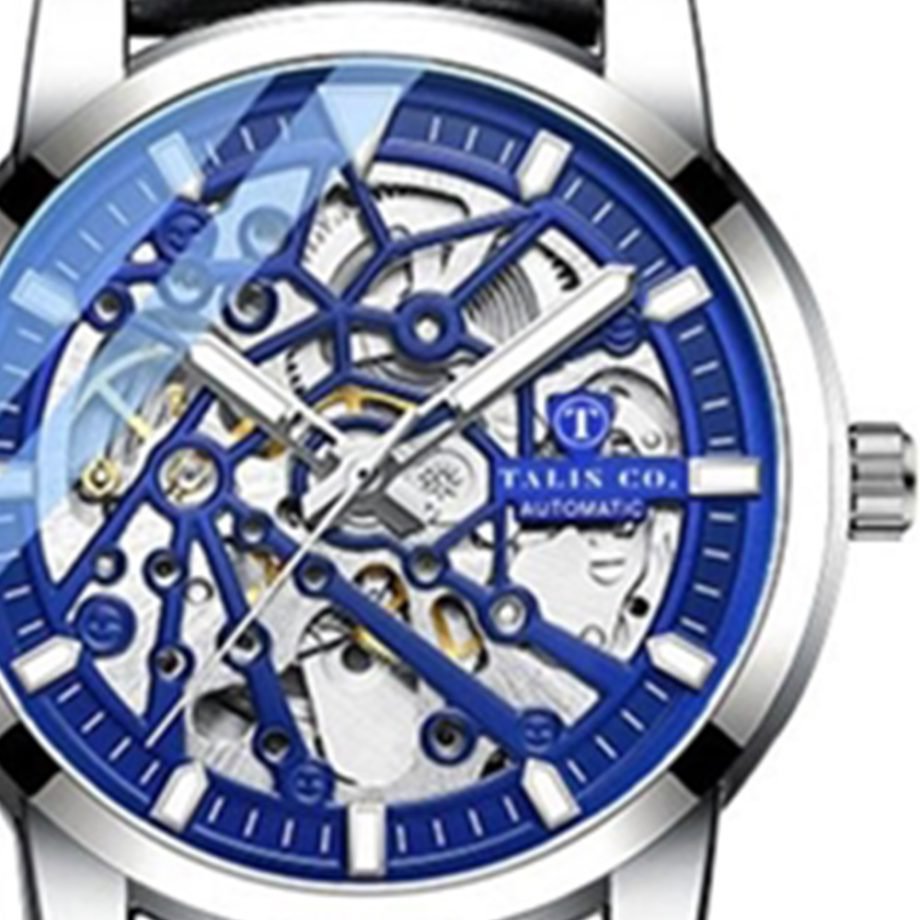 Talis Co 7820 Blue Skeleton Dial Black Leather Strap Automatic Watch