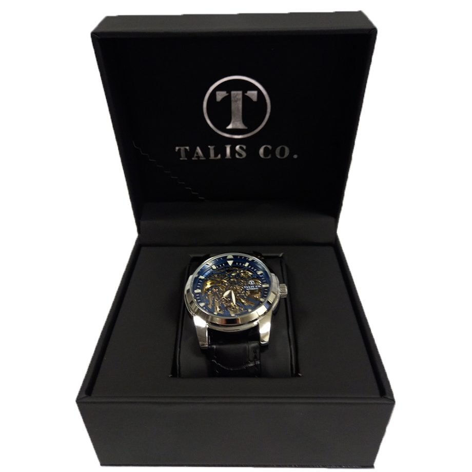 Talis Co 7820 Blue Skeleton Dial Black Leather Strap Automatic Watch